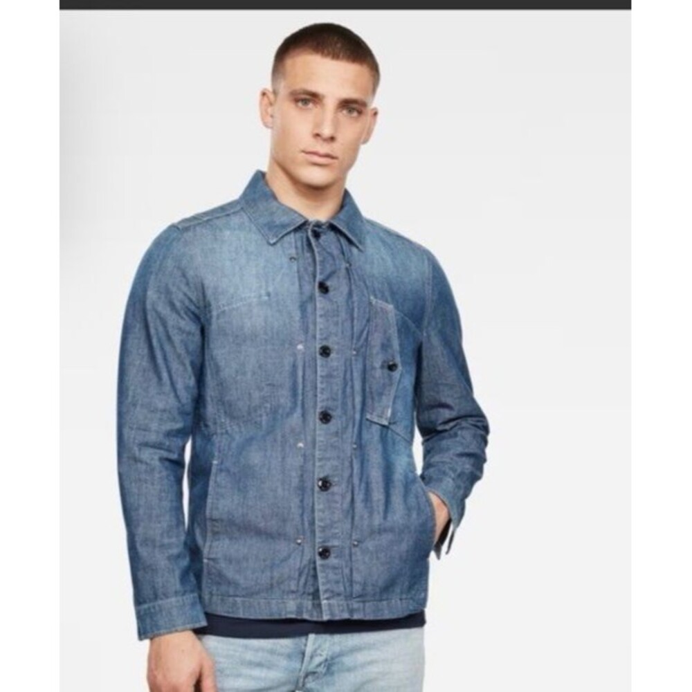 Mens G Star Raw Scutar Denim Blue Indoor Jacket Sz M Pockets Black Buttons